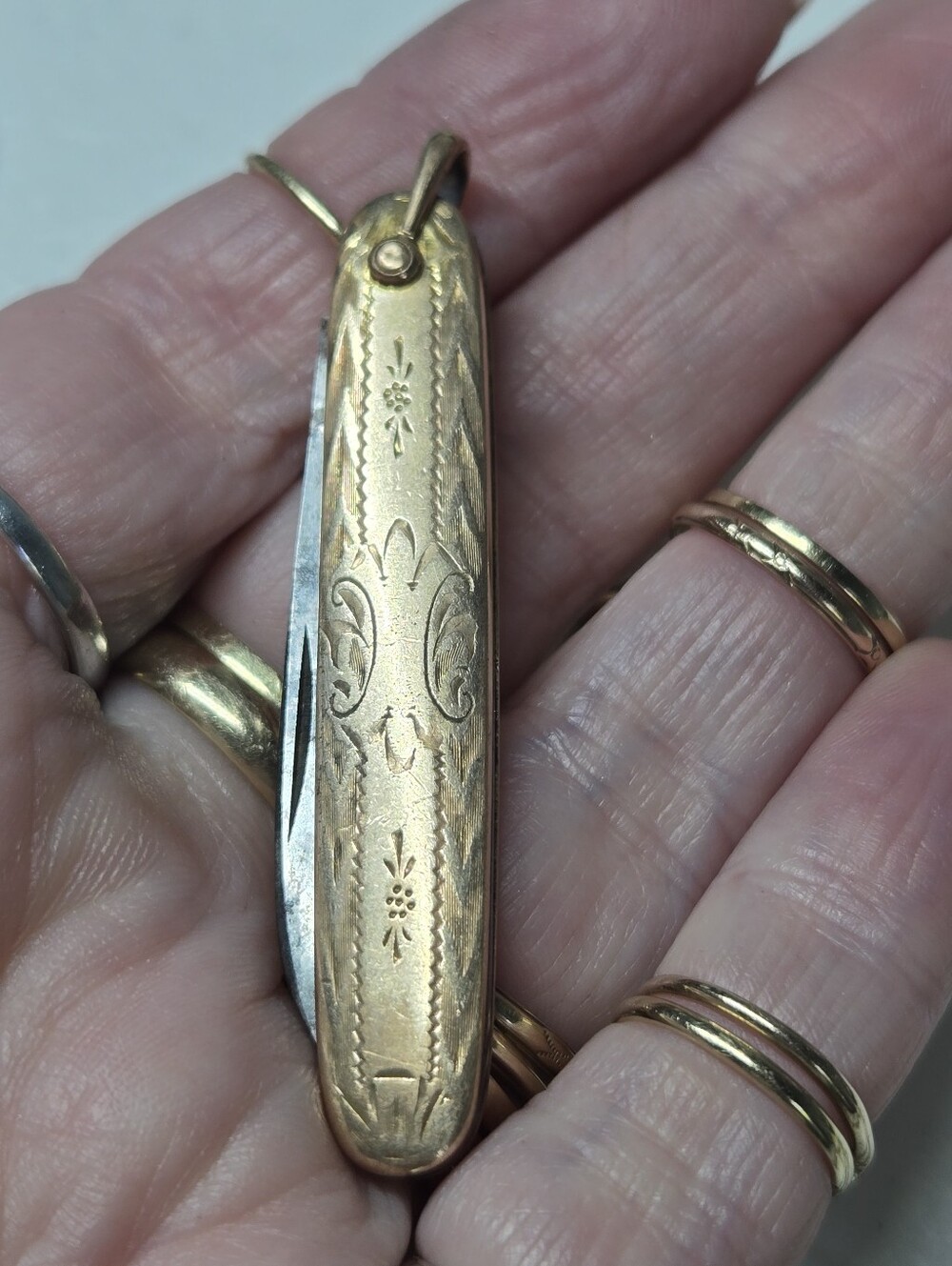Vintage Gold Filled Engraved Pocket Knife Pendant Necklace